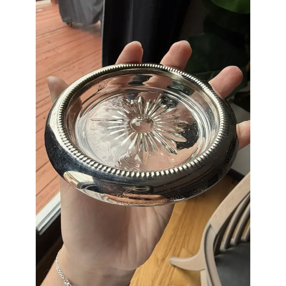 Set of 3 Leonard Silver-Plated Glass Coasters Vintage Starburst Design Hong Kong